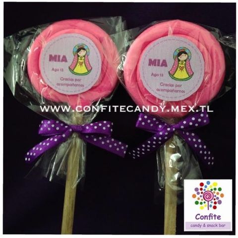 Agradecimientos. Paletas de caramelo en espiral con etiqueta personalizada y moñito.